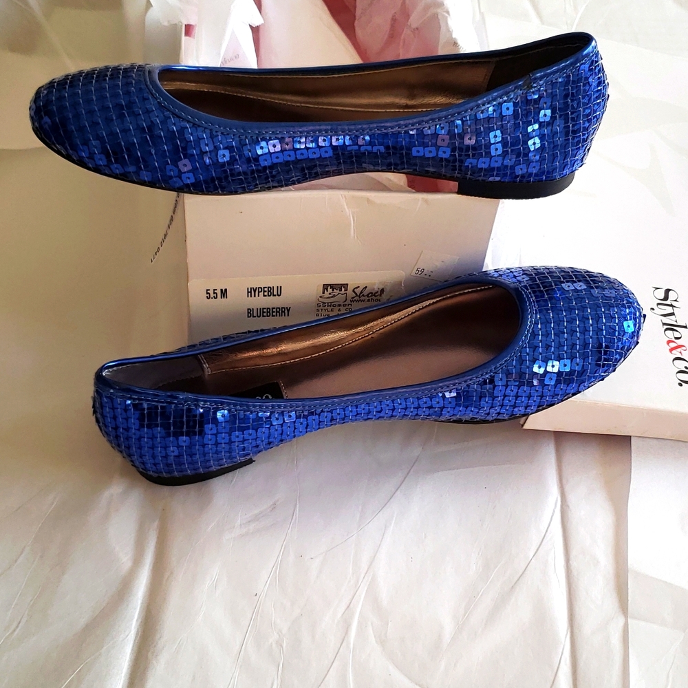 Style & Co New Flats Sequined Shoes BLUE NIB Women's 5.5 - Picture 3 of 15